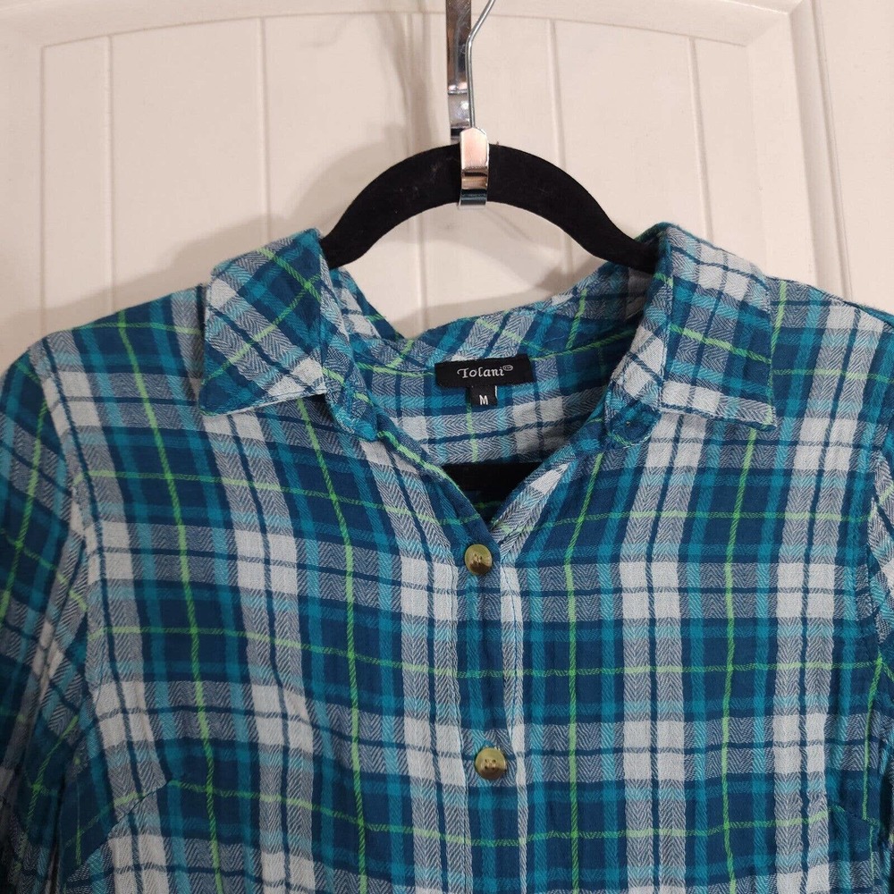 Tolani Womens Flannel Blue Green Plaid Slubbed Cotton Pleated Back Blouse Top M - Picture 3 of 11